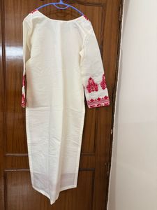 Cream &amp; Red Embroidered Kurta Set