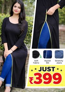 Stylish Front Slit Black Long Kurti | Trendy Indo-
