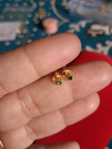 Gold Tone Stud Earrings with Green Stones
