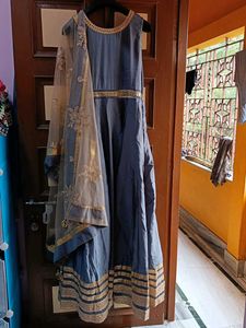 Elegant Grey &amp; Gold Anarkali Dress