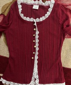 Maroon Ribbed Cardigan with Lace Trim