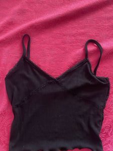 Black Ribbed Lace Trim Cami Top