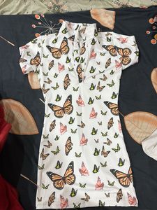 White Butterfly Print Mini Dress