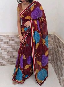 Elegant Maroon Organza/Chiffon Saree with Big Flor