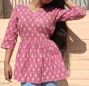 Pink Floral Print Angrakha Kurti