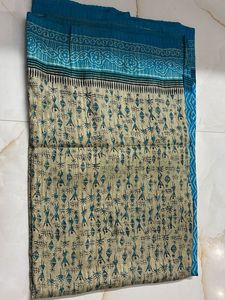 Blue cotton graphic design saree