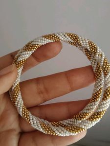 Handcrafted Spiral Beaded Bangles Set of 2 - White