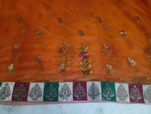 Orange Embroidered Net Saree no blouse