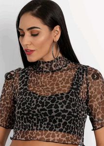Sheer Leopard Print Mock Neck Top