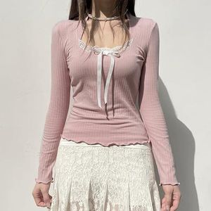 Pink Lace Trim Long Sleeve Top