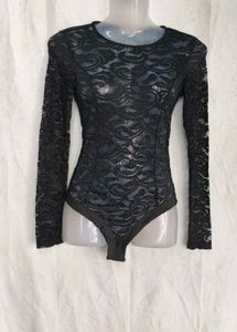 6206. Sheer Black Lace Long Sleeve Bodysuit