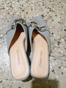 Chic Grey Mules with Silver Buckle Accent