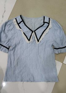 Light Blue Puff Sleeve Collared Top