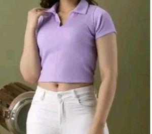 Purple Ribbed Cropped Polo Top