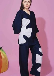Navy Blue & White Abstract Aplique Coord Set