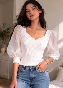 Chic White Knit Top with Sheer Sleeves
