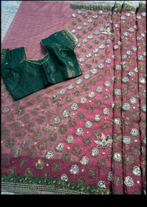 Embellished Pink Net Saree with Blouse