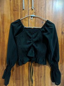 Black Smocked Ruffle Crop Top