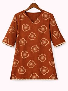 rust-orange floral printed short kurti
