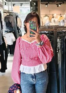 Red Gingham Crop Top with Lace Trim