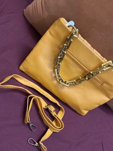 Vibrant Yellow Woven Clutch with Chain Strap