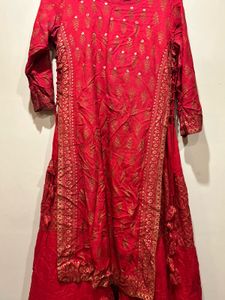 Red Floor Length Ethnic Dress with Gold Border