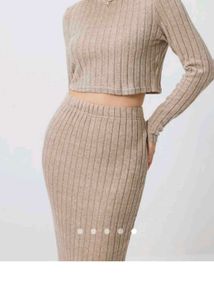 Title: Beige Ribbed Knit Co-Ord Set | Crop Top &amp; M
