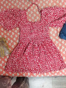 Red & White Animal Print Smocked Dress