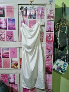 URBANIC Elegant White Cowl Neck Midi Dress
