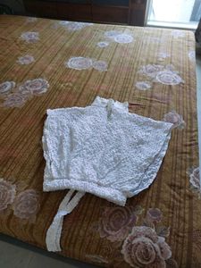 White Textured Cropped Top with Tie