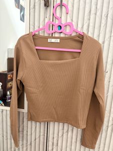 Brown Square Neck Long Sleeve Top