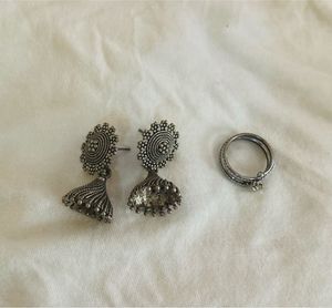 Oxidized Silver Jhumka Earrings &amp; Ring