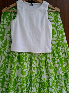White Top &amp; Green Skirt Set