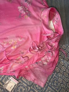 chinese Sheer Pink Floral Print Mini Dress