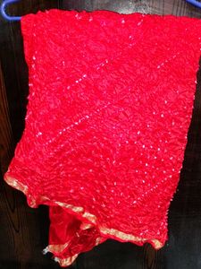 Vibrant Red Bandhani Dupatta with Golden Border
