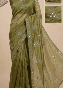 Embellished Olive Green organza Saree