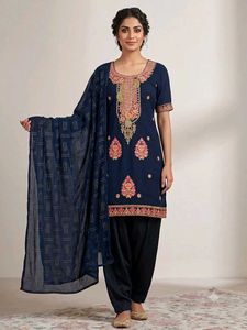 Navy Blue Embroidered Salwar Suit with Matching Du