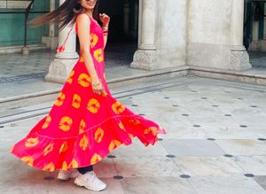 Vibrant Red Ethnic Gown with Yellow Motif