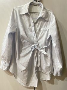 Chic Blue Tie-Front Button-Up Shirt