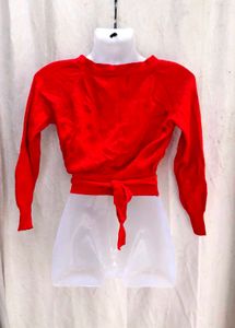 5278. V-Neck Red Wrap Crop Sweater