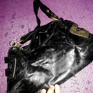 Black leather Shoulder Bag with Gold Buckle
