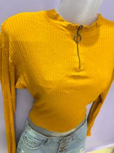 Mustard Yellow Ribbed Zip-Up Top