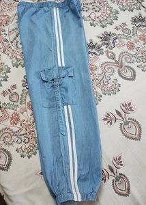 Blue Cargo Pants with Side Stripes