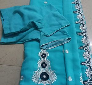 Turquoise Embroidered Saree