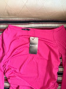 SHEIN Pink blue Ribbed Long Sleeve Top
