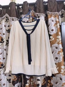 Cream Pleated Blouse with Navy Trim