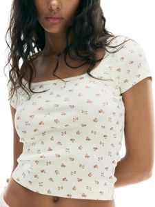Floral Print Ribbed Square Neck Top
