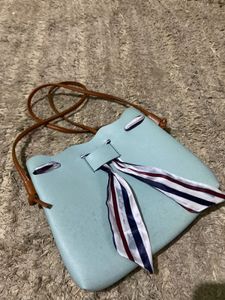 Stylish Light Blue Bucket Bag with Scarf