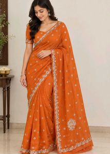 Elegant Orange Embroidered Saree
