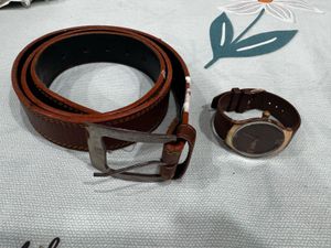 Stylish Brown Leather Belt &amp; Watch Set